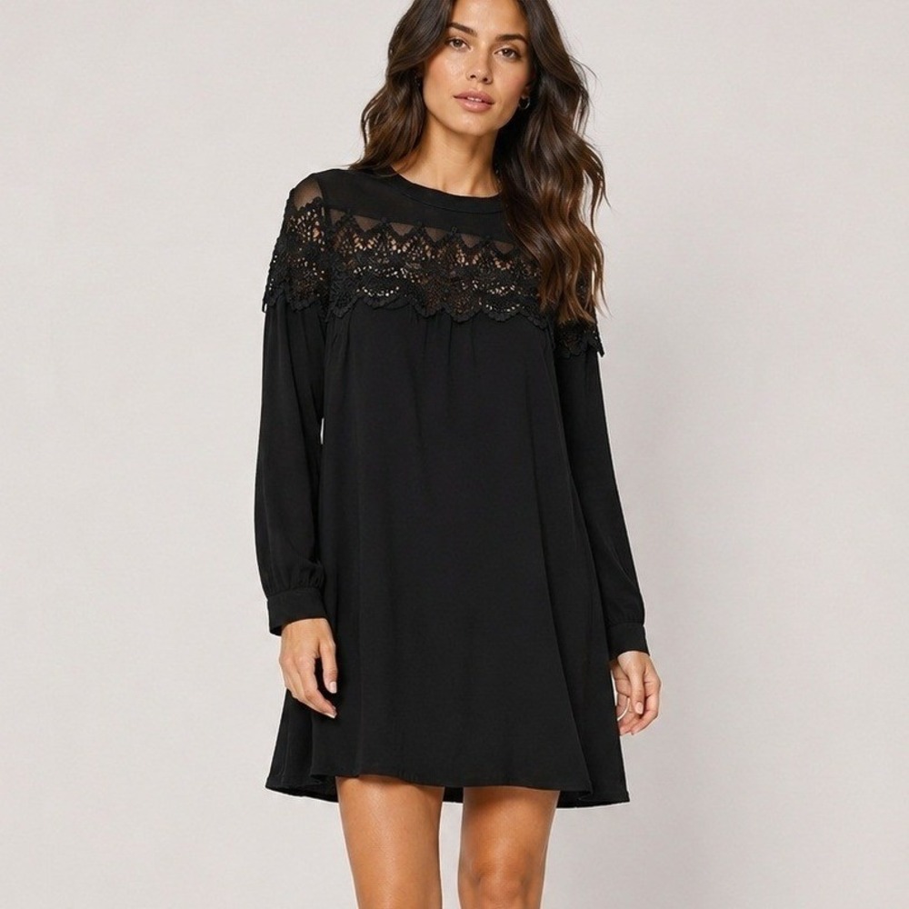IJOAH Black Crochet Lace Shift Dress Gothic Witchy Victorian Romantic Mini Large